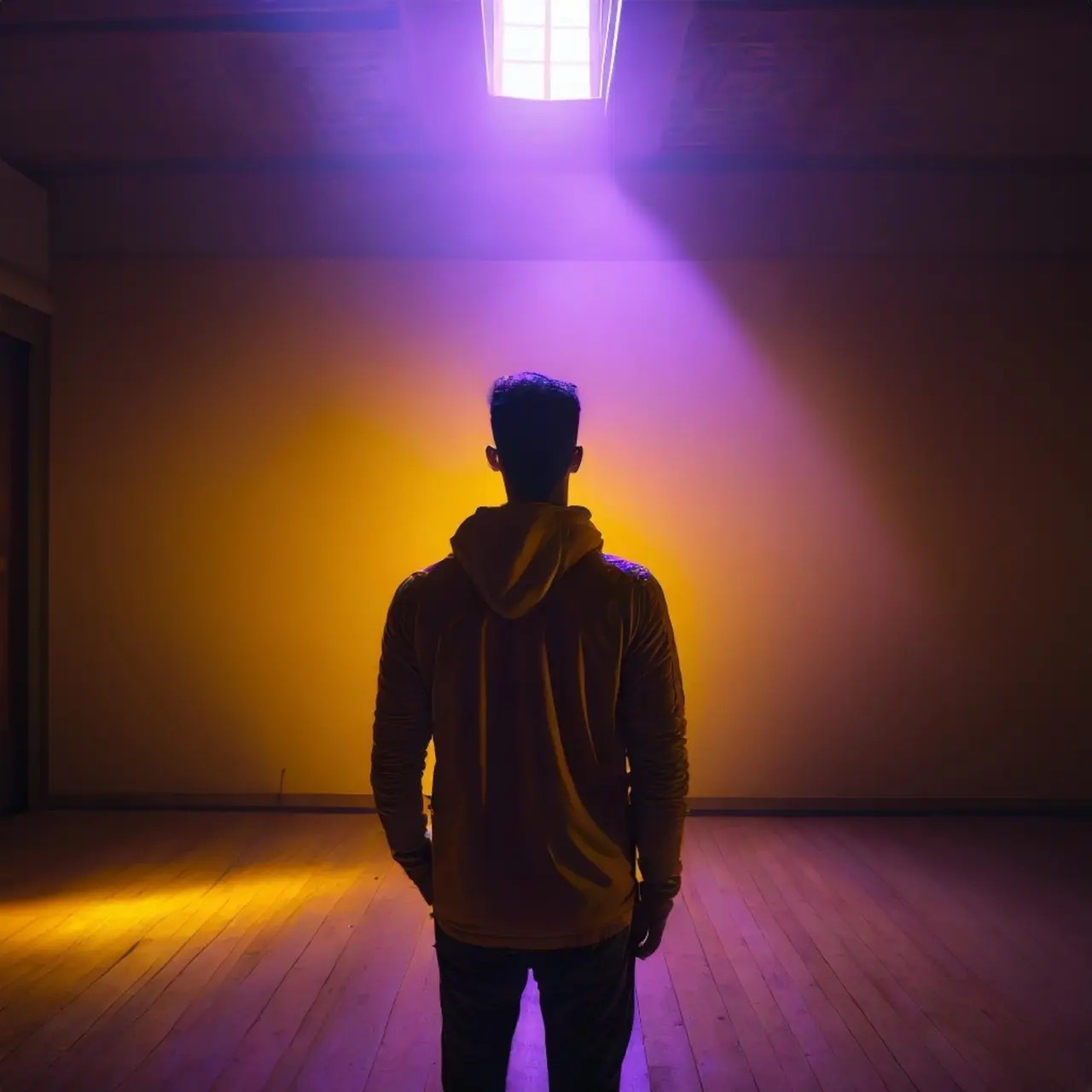 A photo of a person standing in an immersive room with purple and yellow lights